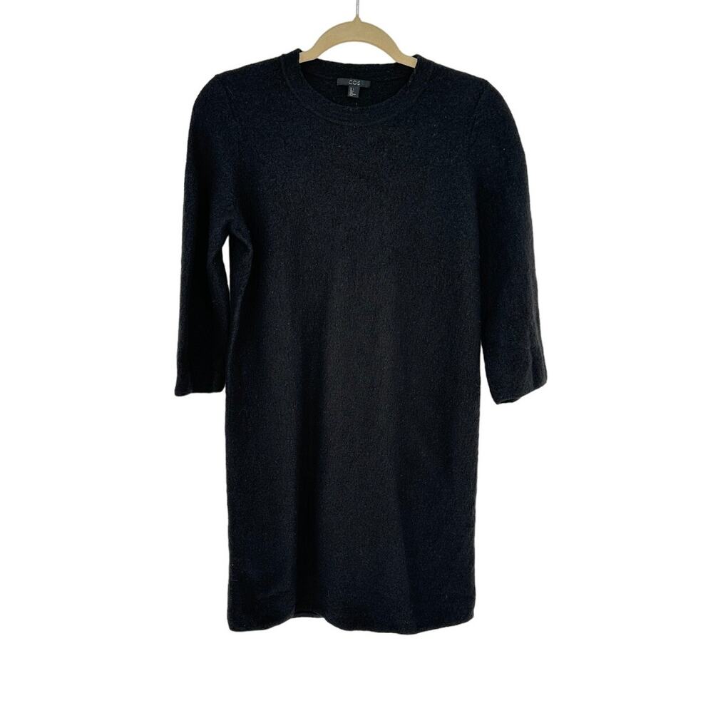 COS Size S Black Boucle 100% Wool Mini Dress 3/4 Sleeve Textured Shift EUC